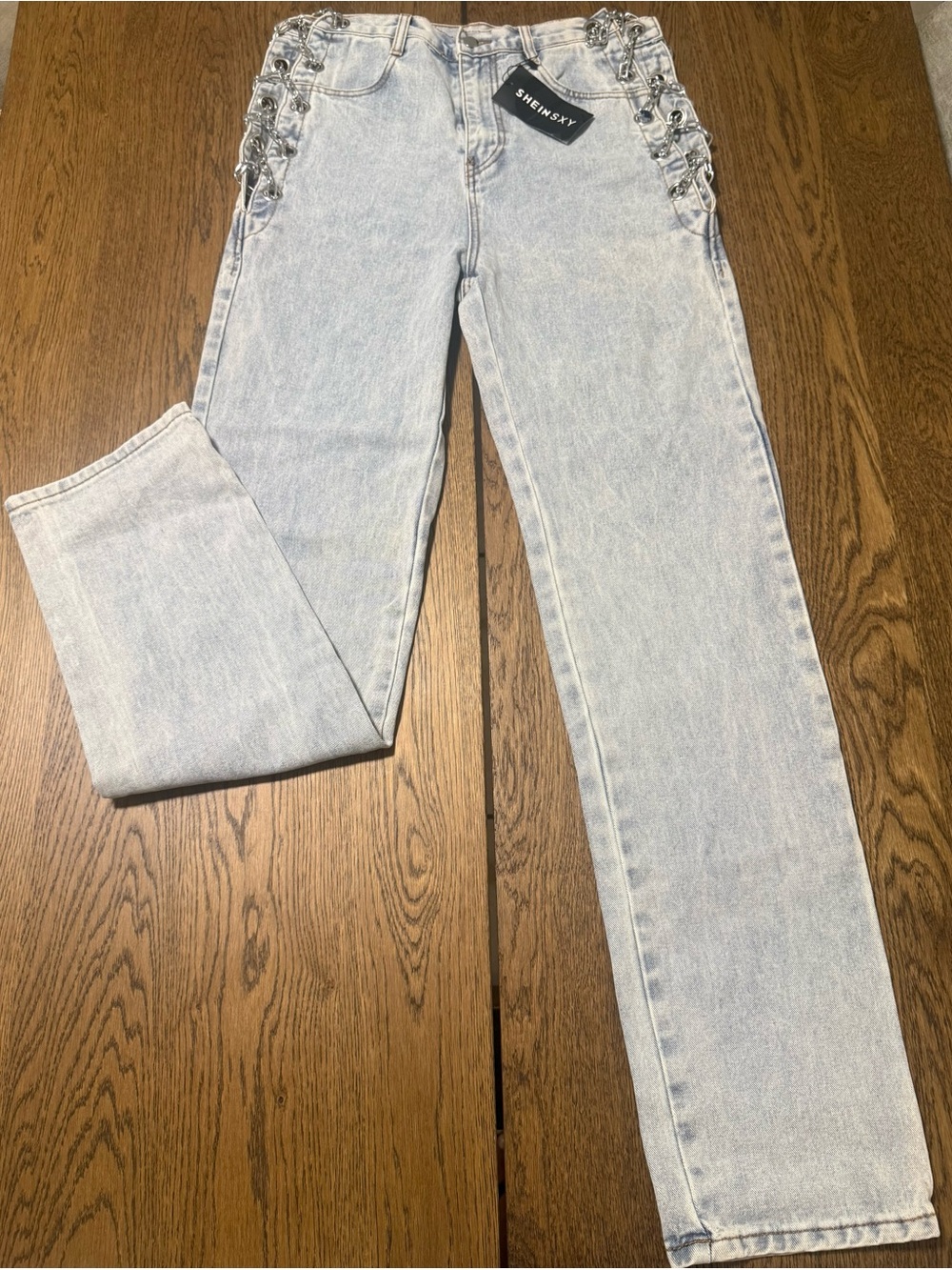 SHEIN Light Blue Straight Leg Jeans with Lace-Up Side Detail